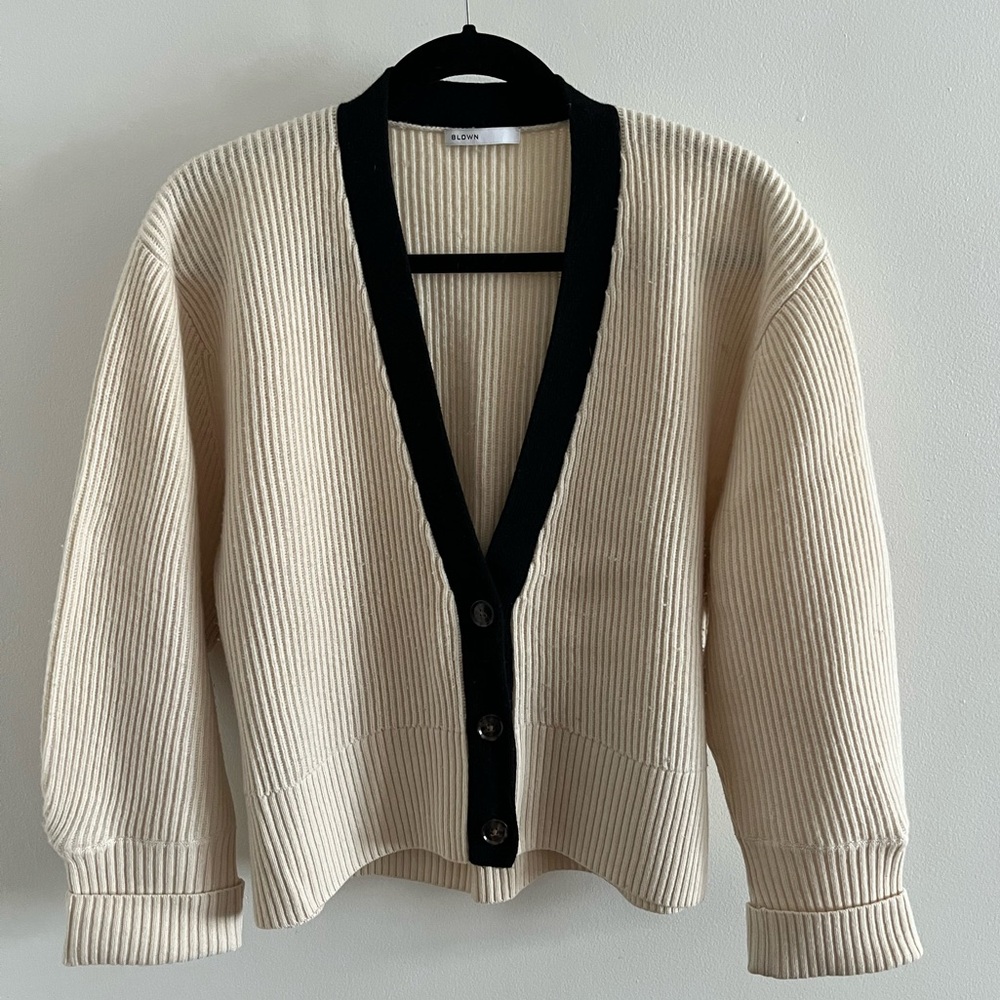 Women's Cashmere Blend Cream and Black Cardigan Sweater